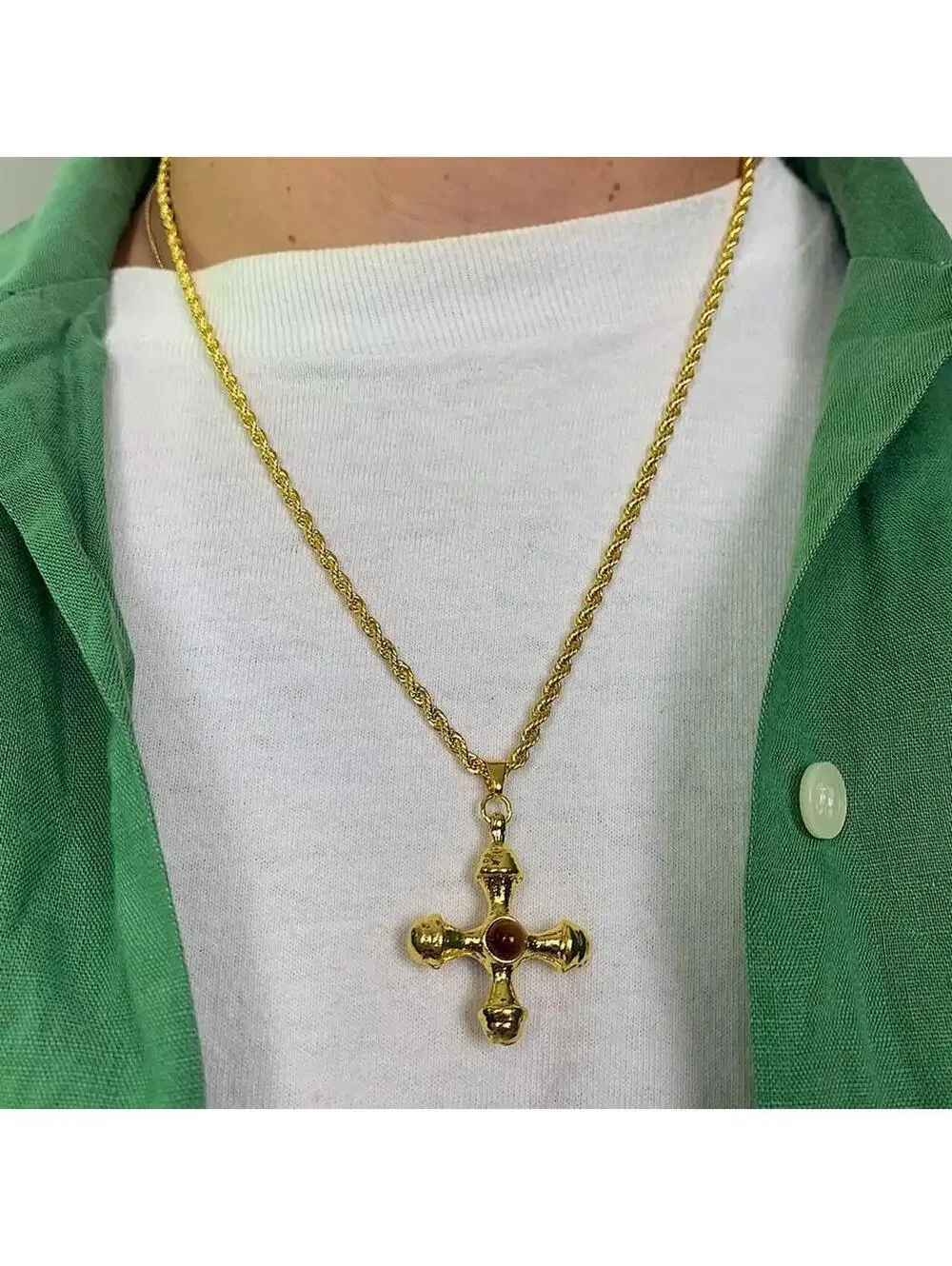 Y2k 2000s style Cyber Star Cross Pendant Gold Rope Chain Necklace. Stainless